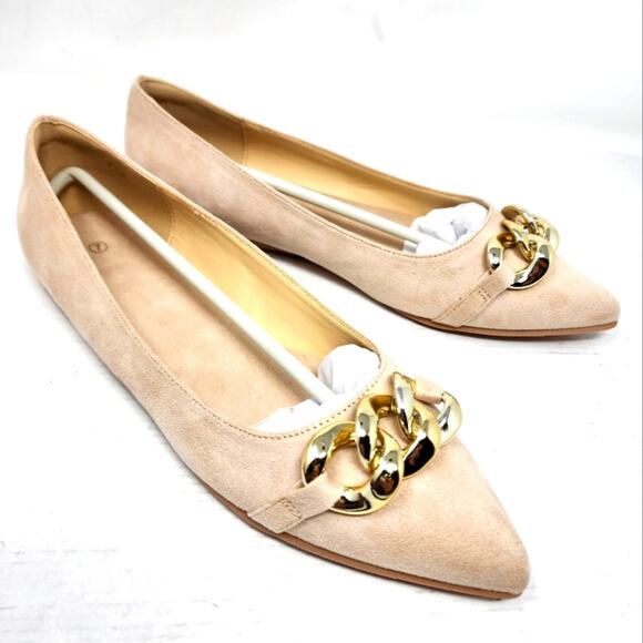 New Women's Ballet Flats Faux Suede Beige Gold Chain Comfortable Slipons Size 7 - Picture 1 of 8